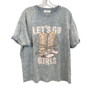 The Post Let's Go Girls Cowgirl Cowboy Print Acid Wash Tee - Size Small